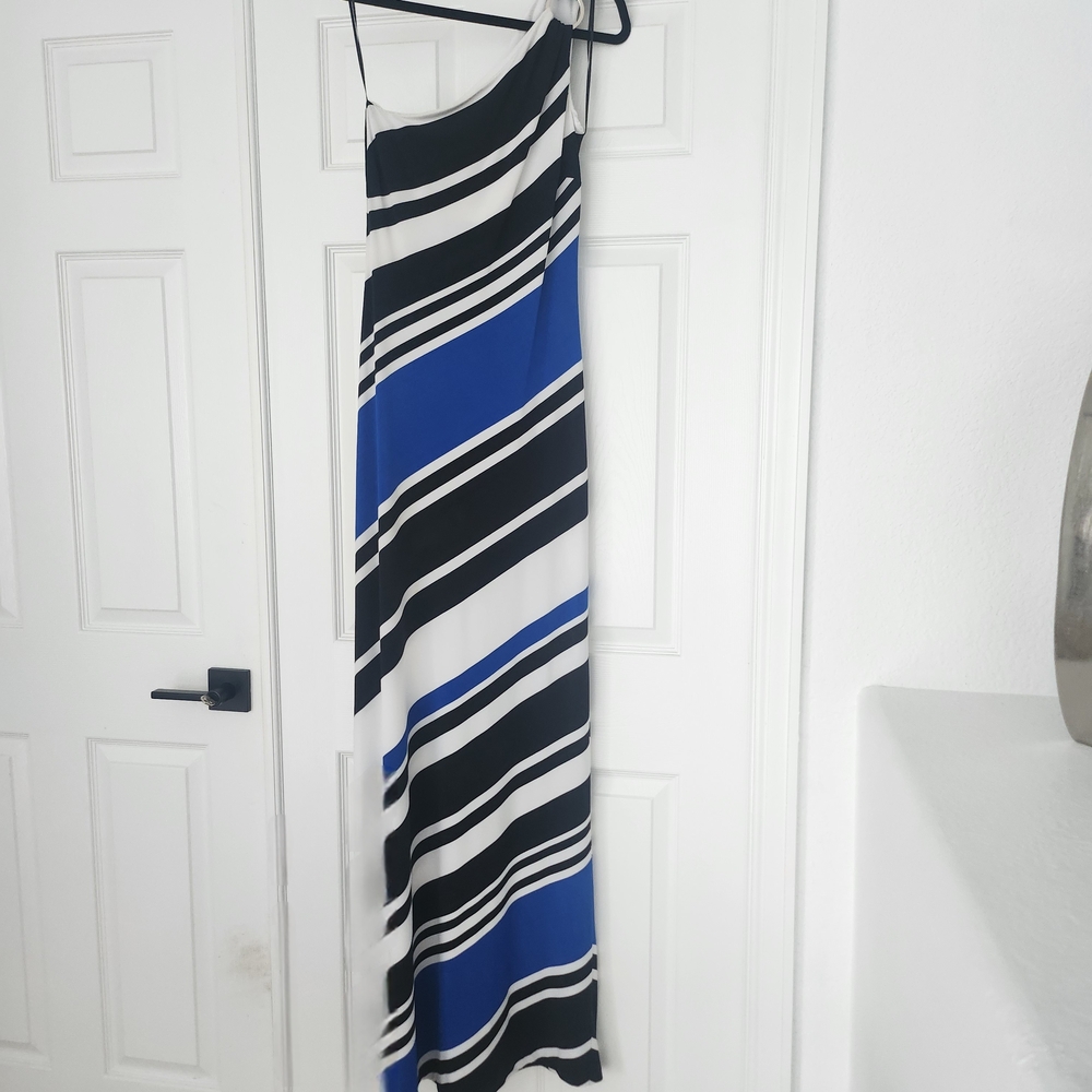 Cache Blue and One Shoulder Black Striped Maxi Dress